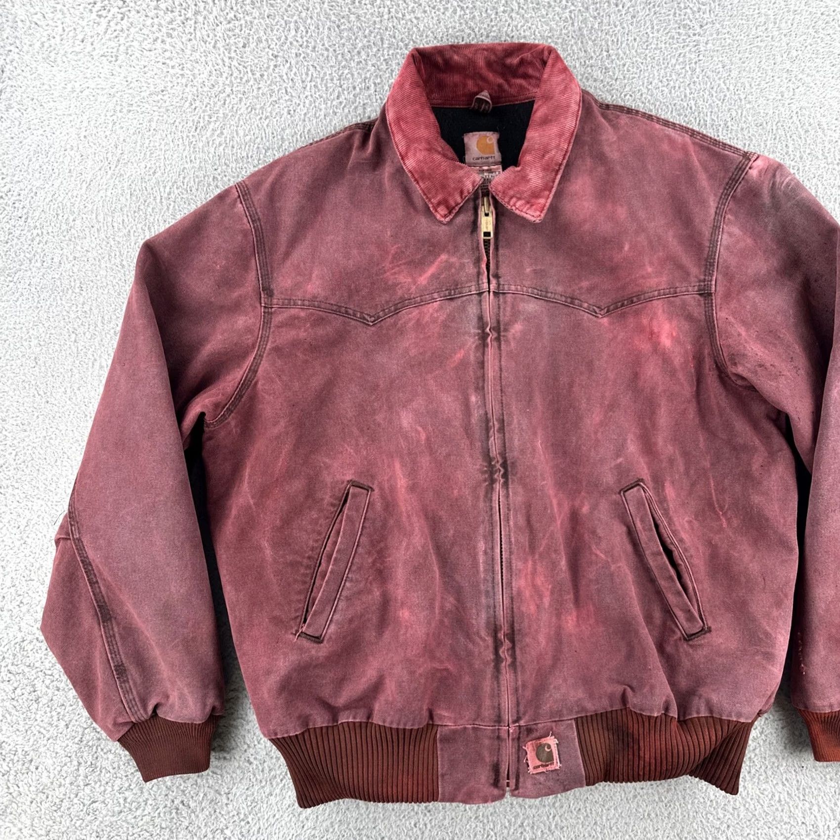 Carhartt VINTAGE Carhartt Jacket Mens XL J14CHT Over Dyed Burgundy Red Distressed Santa Fe Lined Red Coat Size US XL / EU 56 / 4 - 3 Thumbnail