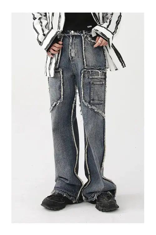 Jean Rough Edge Straight Tube Splicing Jeans men Size US 32 / EU 48 - 1 Thumbnail