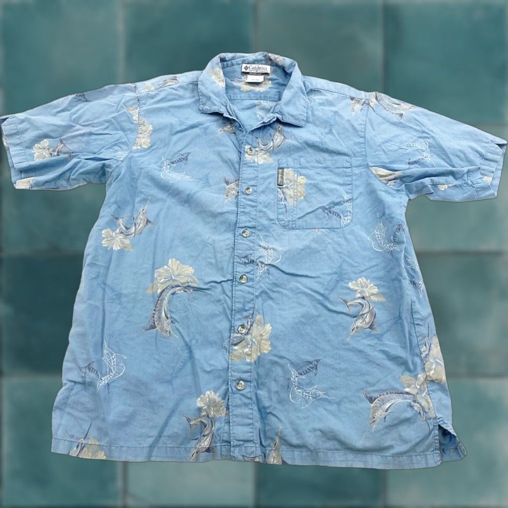 Vintage VINTAGE Columbia Sportswear Marlin Hawaiian Shirt Mens Large Blue Shirt Mens Large Blue Marlin Hawaiian 90s Theme Hawaiian Mens Size US L / EU 52-54 / 3 - 1 Thumbnail