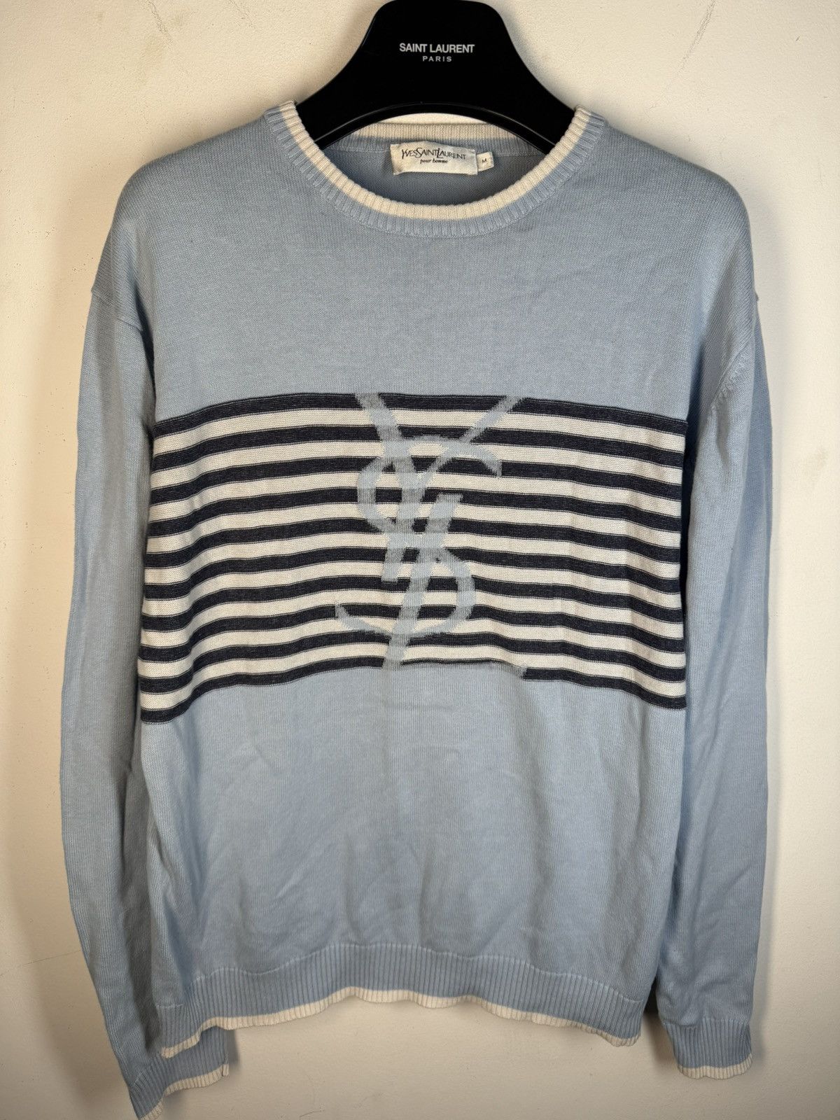 Yves Saint Laurent Blue YSL Sweater Knit Light Big Logo Size US M / EU 48-50 / 2 - 19 Thumbnail