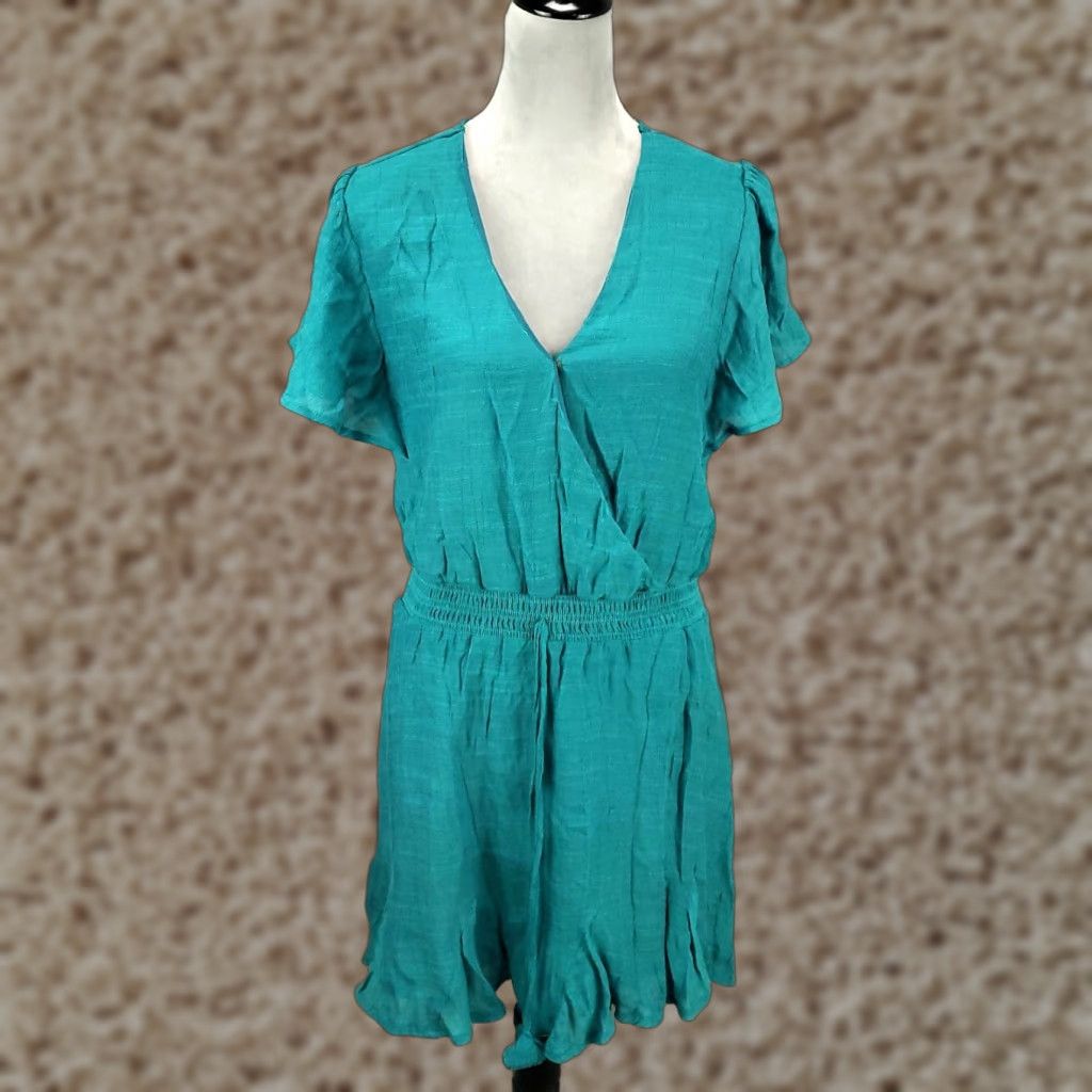Vintage Womens Dress L Teal Blue Green Elastic Waist Lined Mini Swing CrissCros V-Neck Short Sleeve A-Line, Bohemian, Hippie, Peasant UMGEE Shirt? Size L / US 10 / IT 46 - 1 Thumbnail