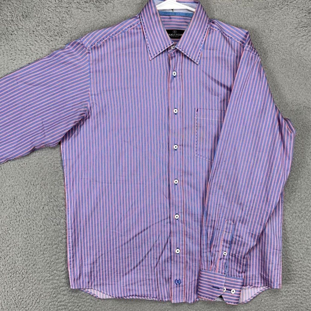 BUGATCHI Bugatchi Uomo Dress Shirt Mens Medium Blue Stripes Button Up Pocket Short Sleeve? Size 40R - 2 Thumbnail