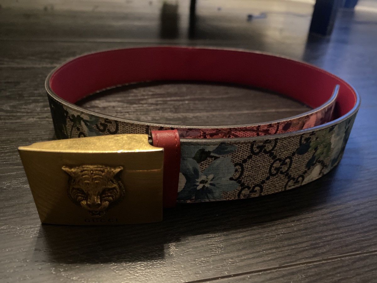 image of Gucci Blue Bloom Print Belt With Gold Tiger Buckle, Women's