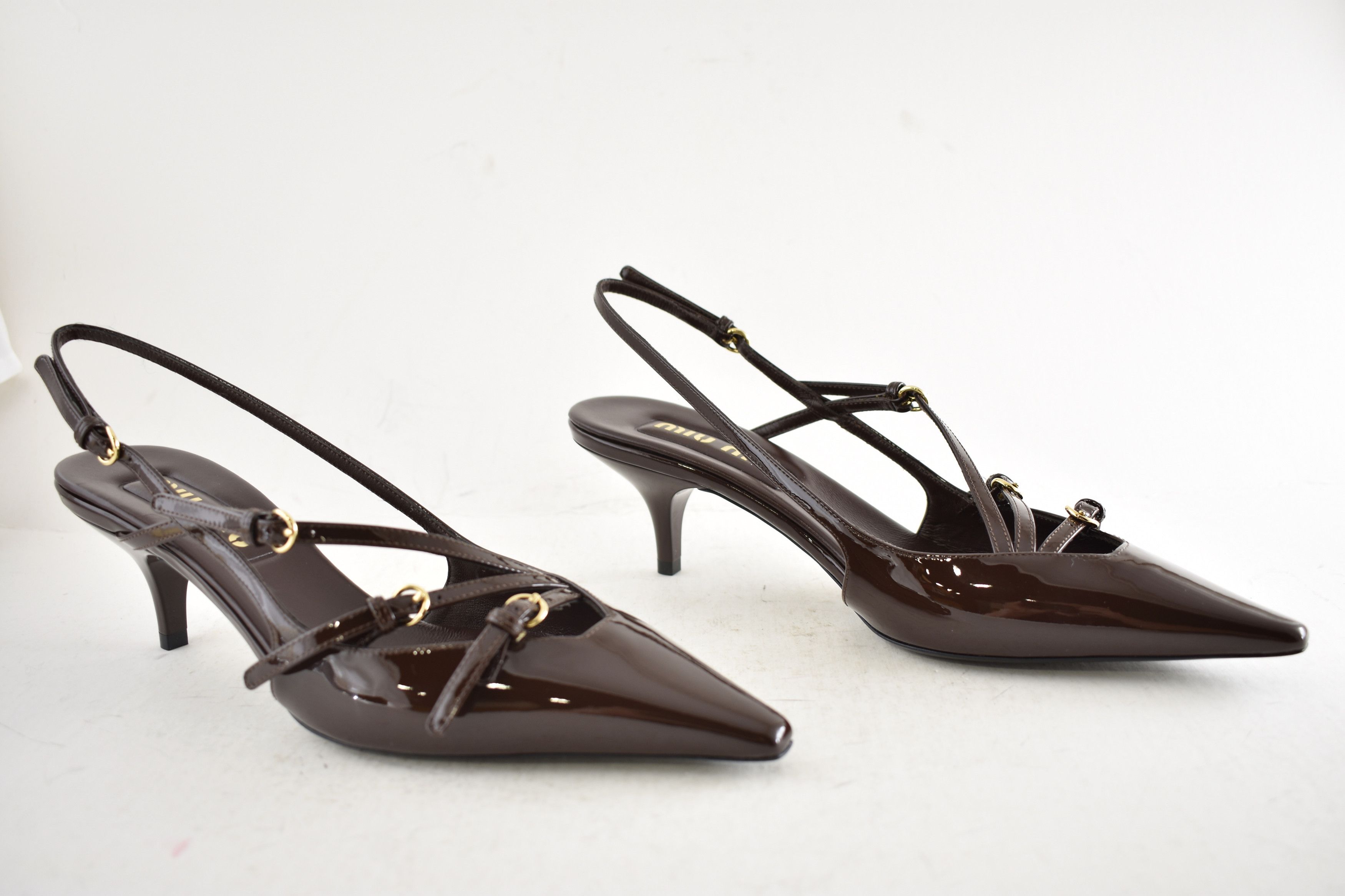 Miu Miu 55 Patent Buckle Trio Pointed Slingback Kitten Heel Pump 36 Size US 6 / IT 36 - 4 Thumbnail