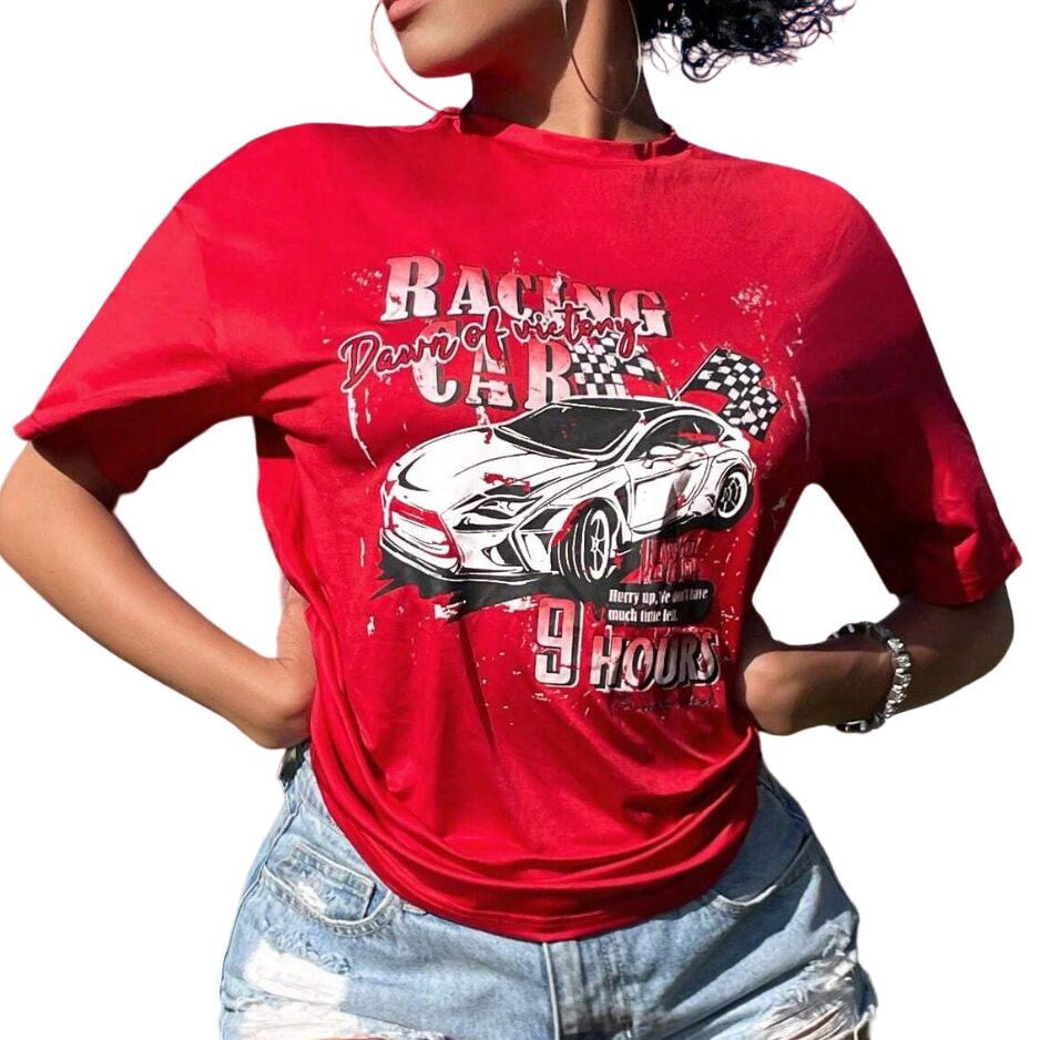 Shein Car & Letter Graphic Drop Shoulder Tee in Red, Size L Size L / US 10 / IT 46 - 1 Thumbnail