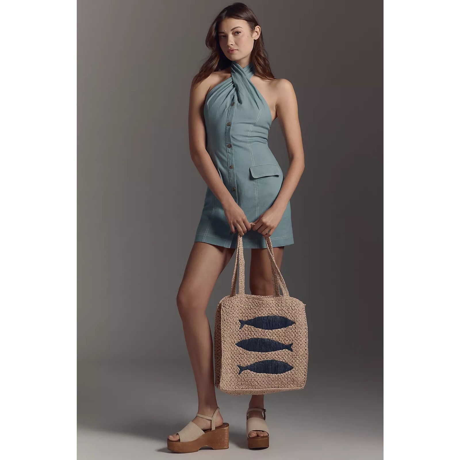 NWT Maeve Twist-Halter Linen Blend Mini Dress $148 XS Blue