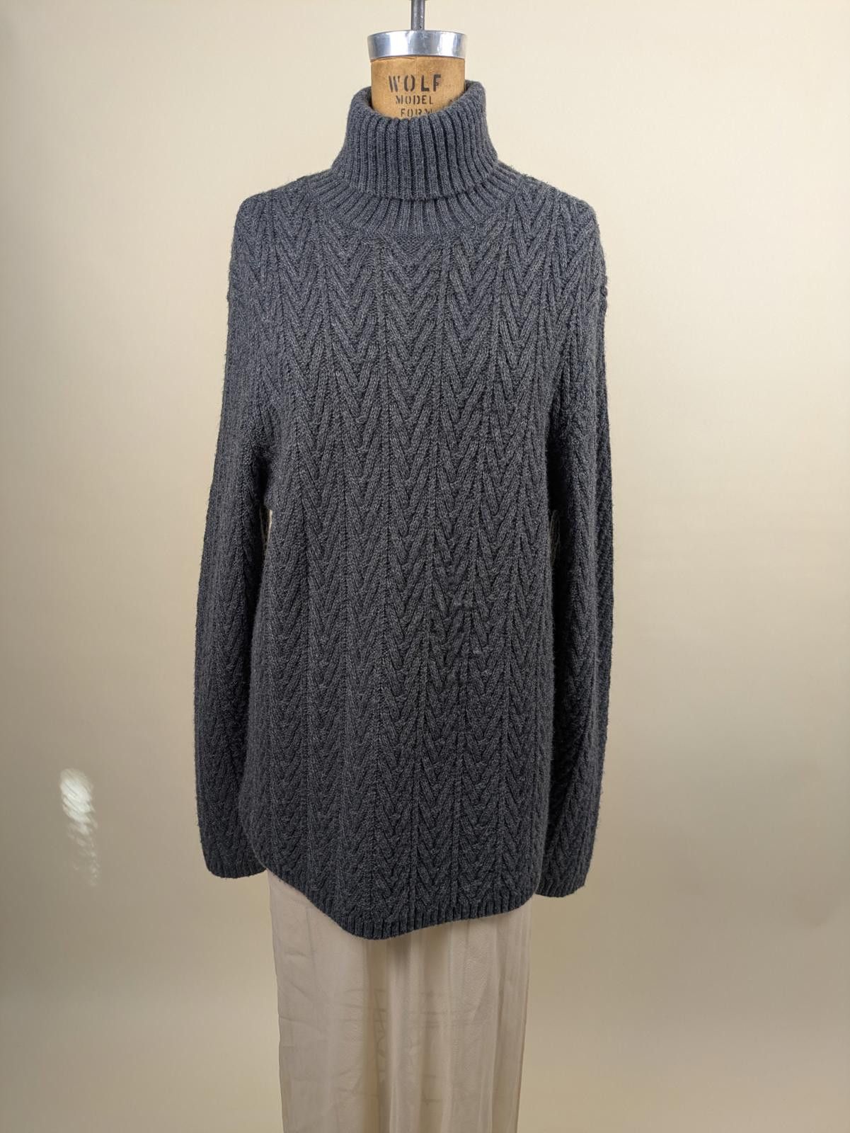 Tasso Elba italian grey herringbone wool turtleneck sweater Size L / US 10 / IT 46 - 1 Thumbnail