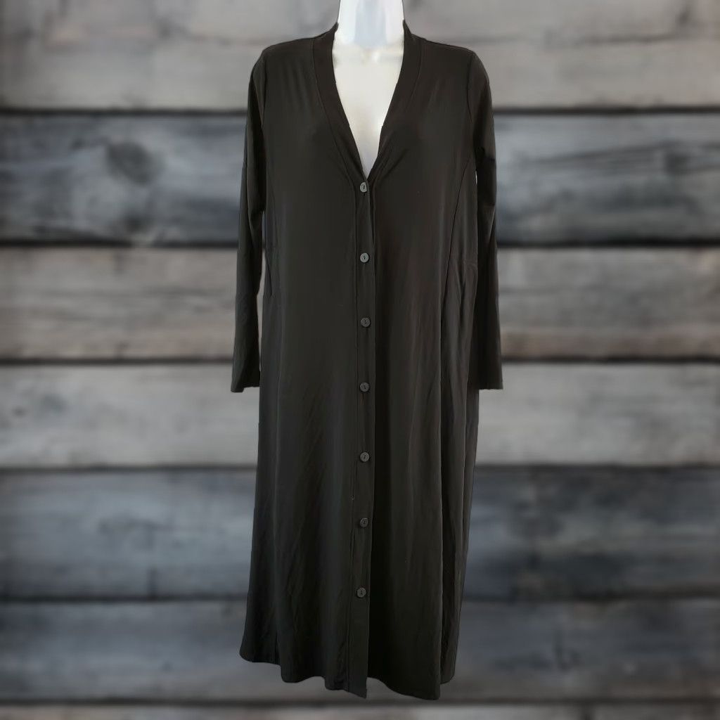 Fenini Womens Dress Sz Small Solid Black Long Sleeve Button Front V-Neck