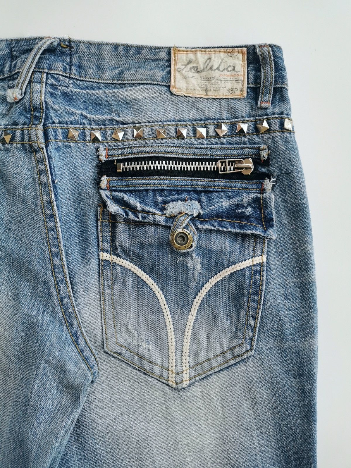 Kapital Lolita Studded Zipper Distressed Washed Blue Denim Jeans Size US 37 - 1 Thumbnail