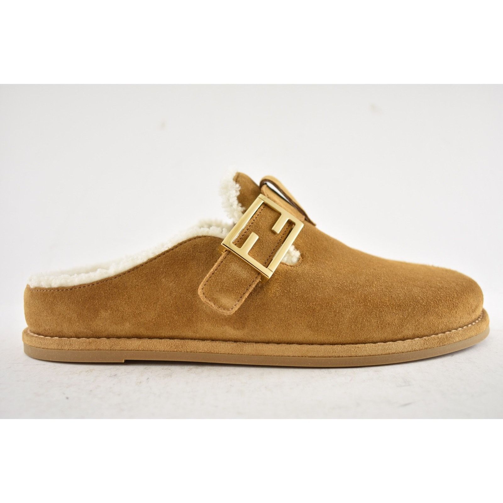 Fendi Fendi Feel Mules Caramel Brown Suede Shearling FF Gold Logo Size US 12 / IT 42 - 2 Thumbnail