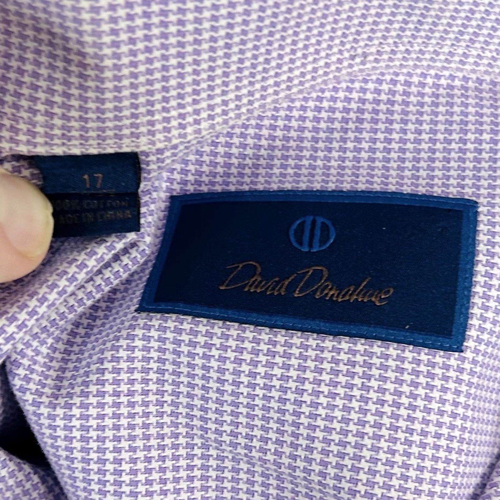 David Donahue David Donahue Dress Shirt 17 34/35 Purple Houndstooth 100% Cotton Regular Fit Mens Size 46R - 3 Thumbnail