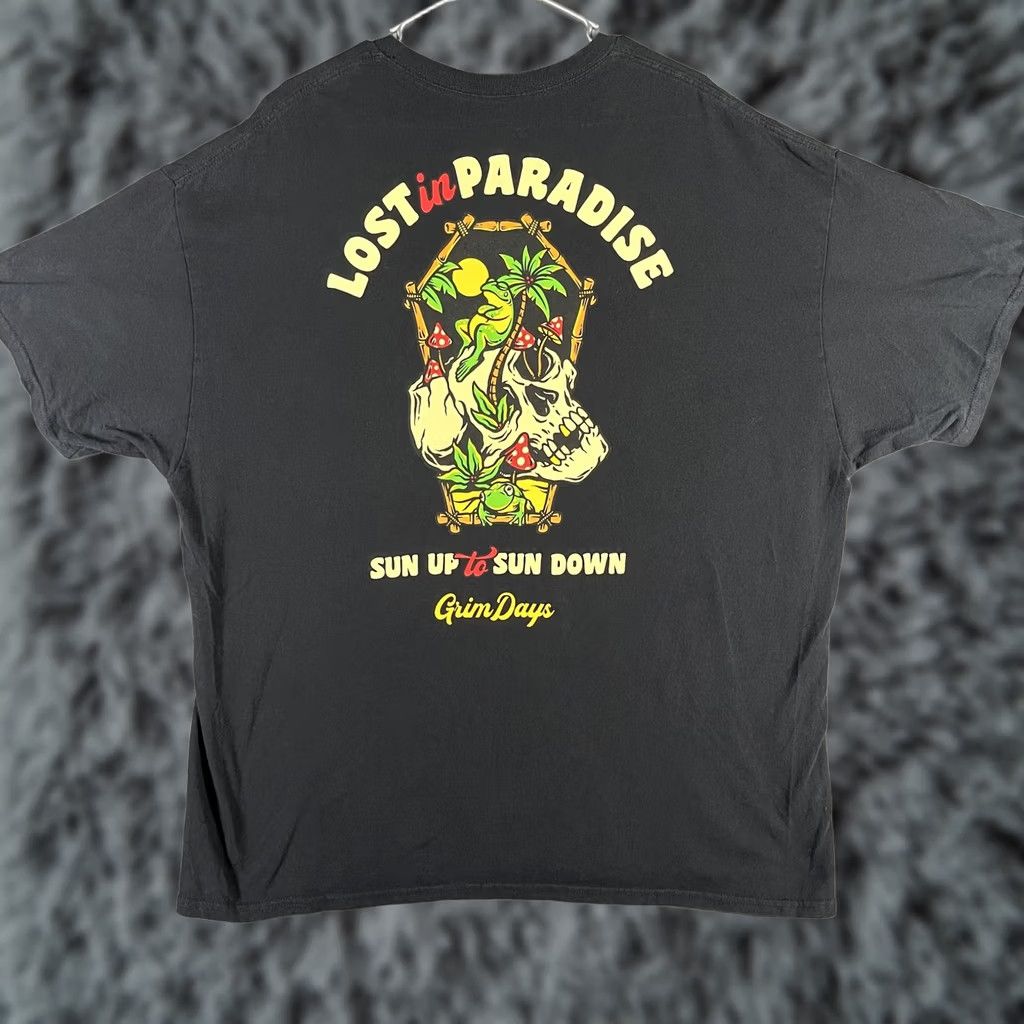 Paradise Grim Days Lost in Paradise Shirt Mens 2XL Black Graphic Skull Palm Tree Tee Size US XXL / EU 58 / 5 - 1 Thumbnail