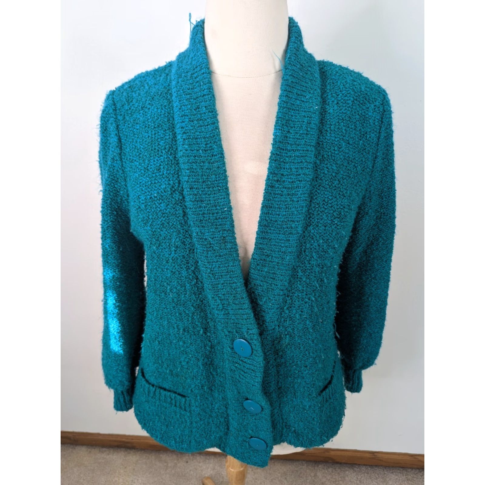 Altea VINTAGE Teal Green Cardigan Sweater Women's Large S12 Relaxed Oversized 80s Open Pockets Lightweight Knit Casual Fall Winter Size L / US 10 / IT 46 - 2 Thumbnail