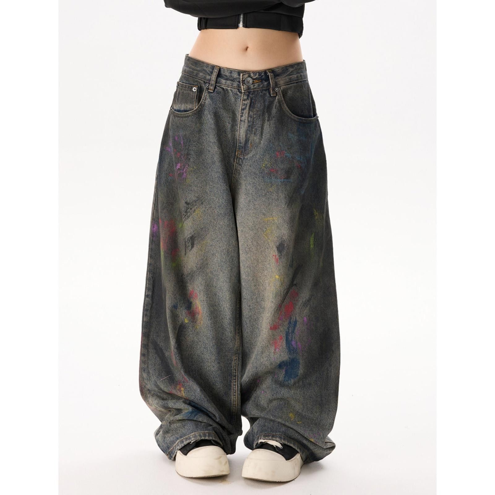 Japanese Brand Paint-Splattered Baggy Wide Leg Jeans, Oversized Denim Size 32" / US 10 / IT 46 - 1 Thumbnail