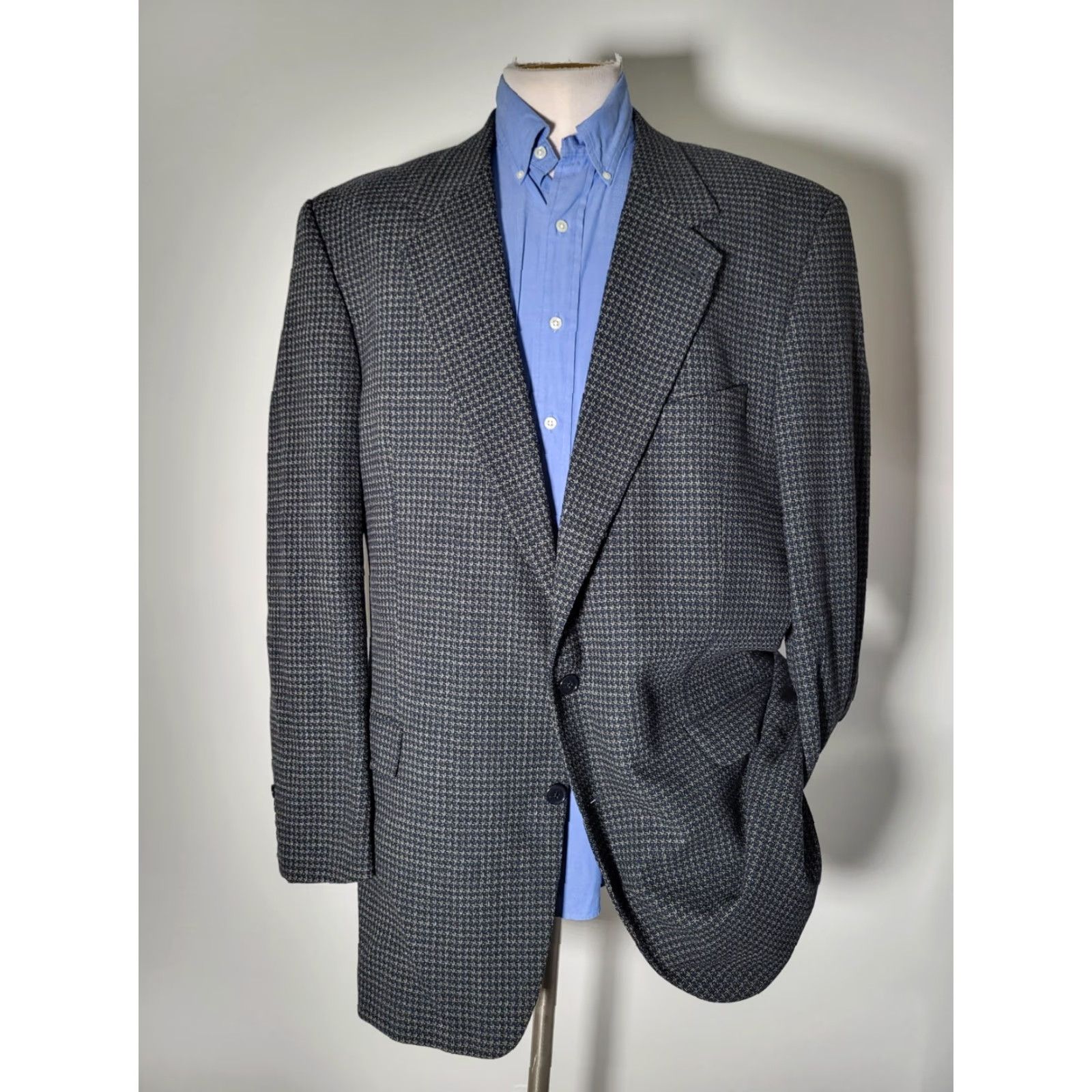 Vintage J. Abboud Woven Blue Brown Check Wool Tweed Blazer Jacket SportCoat Hopsack 46XL Size 46R - 4 Thumbnail