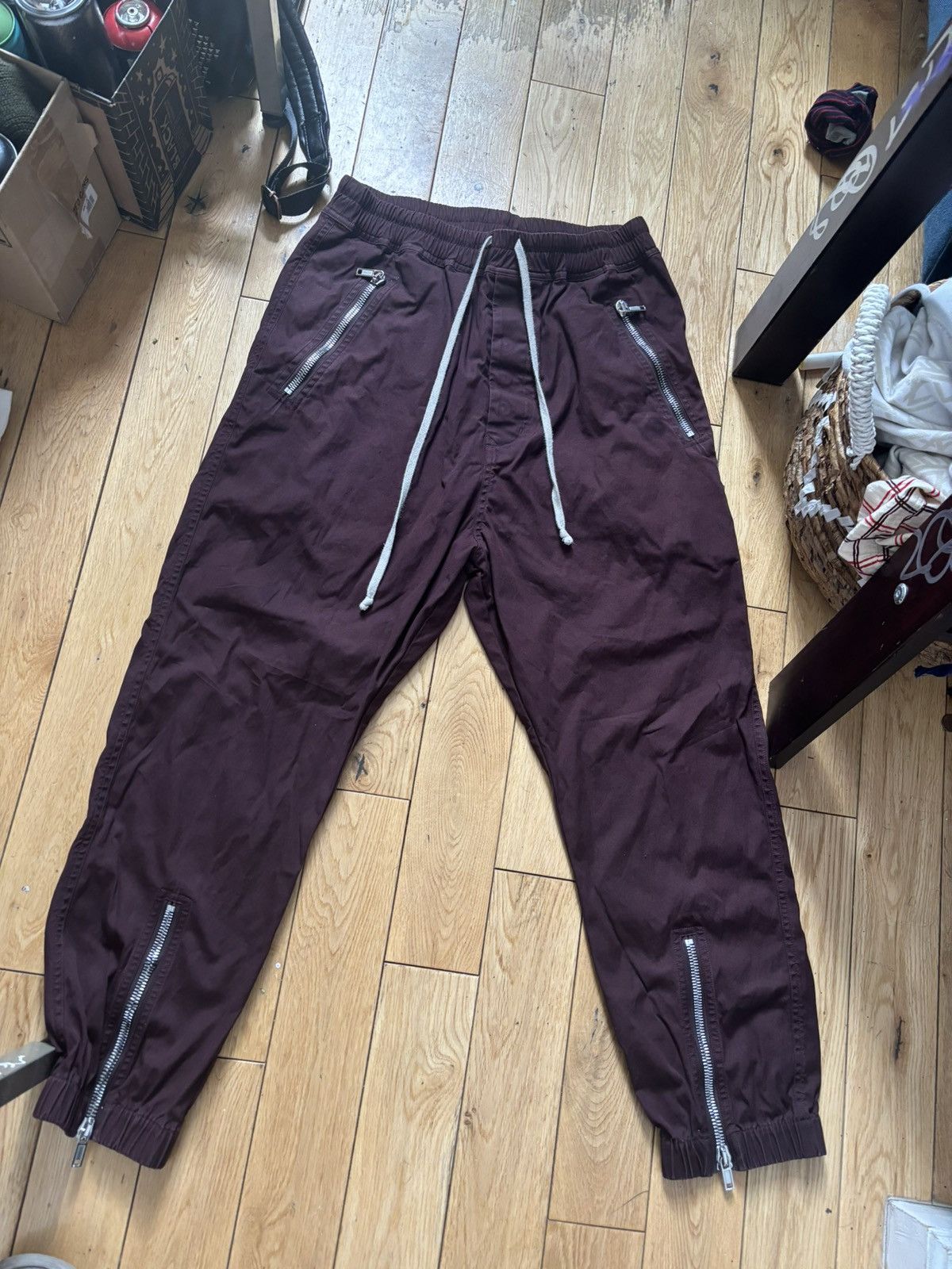 Rick Owens × Rick Owens Drkshdw Rick Owen’s Zip Detail Burgundy Drawstring Jersey Pants Size US 34 / EU 50 - 1 Thumbnail