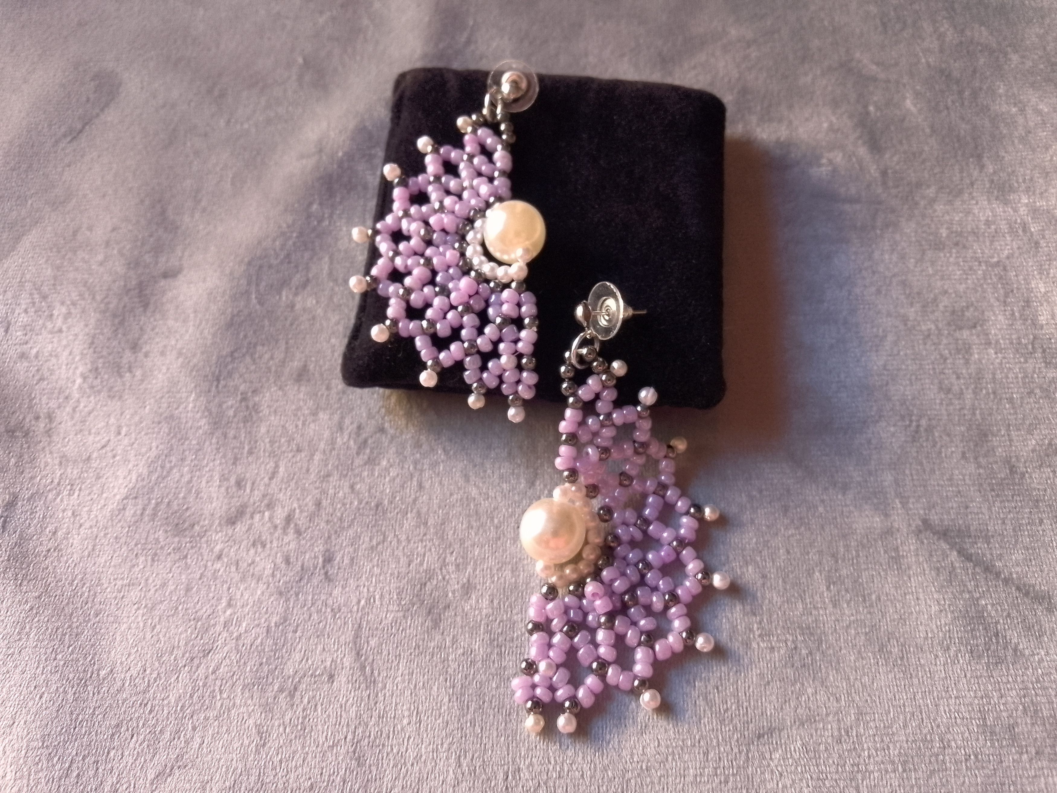 Handmade Earrings Purple Netted Ivory Pearls Fan Shape Size ONE SIZE - 5 Thumbnail
