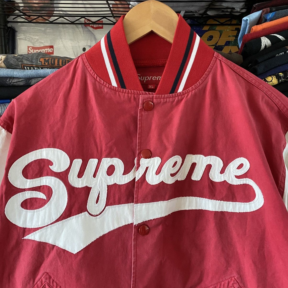 Supreme Vintage Supreme Varsity Script Jacket Red White 2004 Size US XL / EU 56 / 4 - 2 Thumbnail