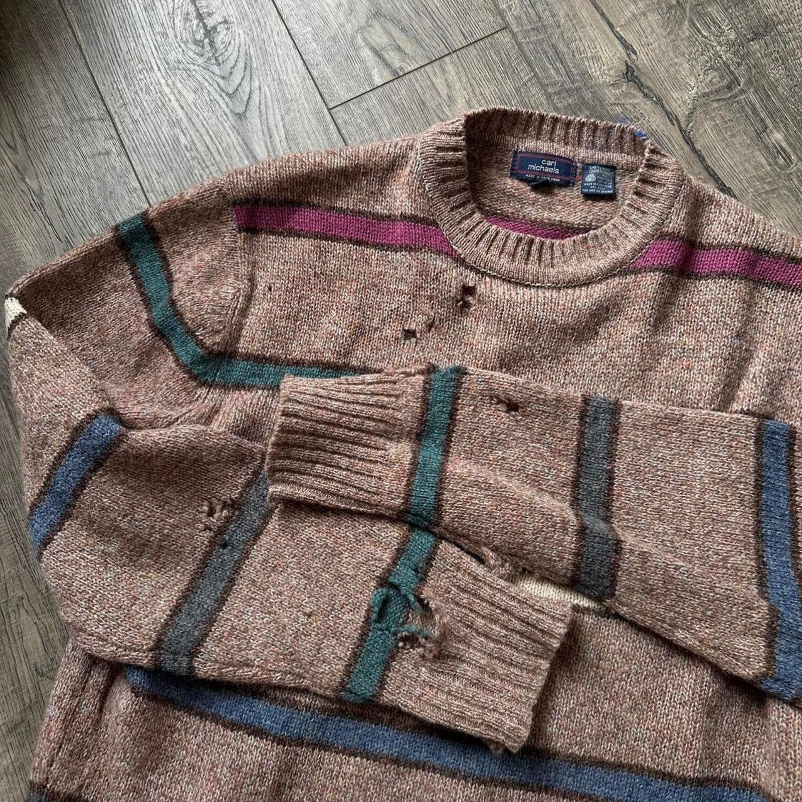 Vintage Perfect Vintage 80s Thrashed Grunge Striped Wool Sweater Size US XL / EU 56 / 4 - 5 Thumbnail