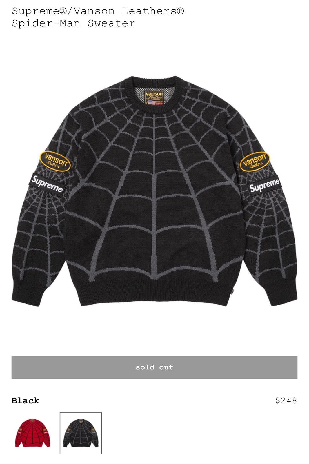 Supreme × Vanson Leathers Supreme Vanson Leathers Spider-Man Knit