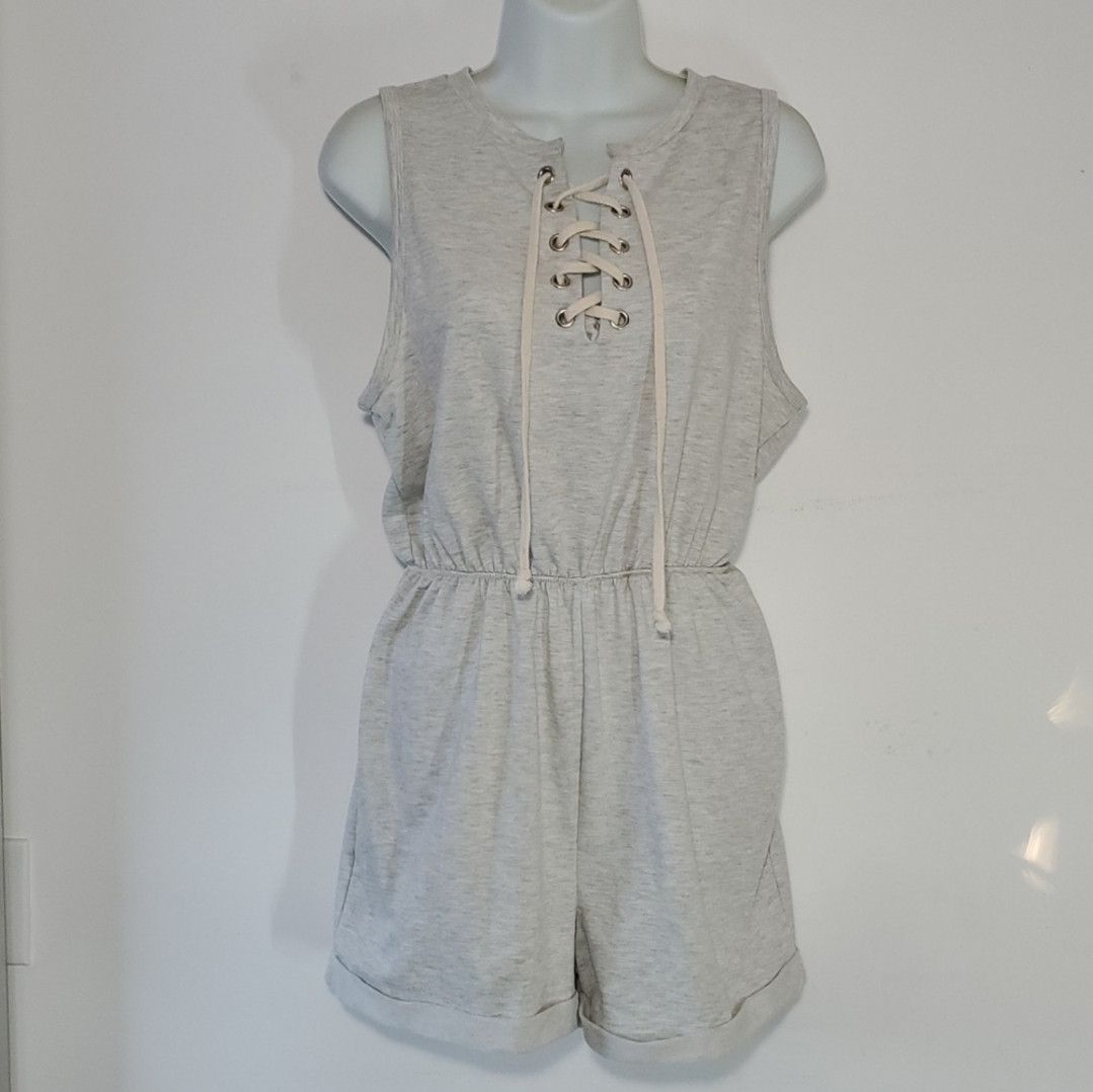 Fashion Nova Fashion Nova Size L Romper Grey Jersey Stretchy Tie Lace Up Size 34" / US 12 / IT 48 - 1 Thumbnail