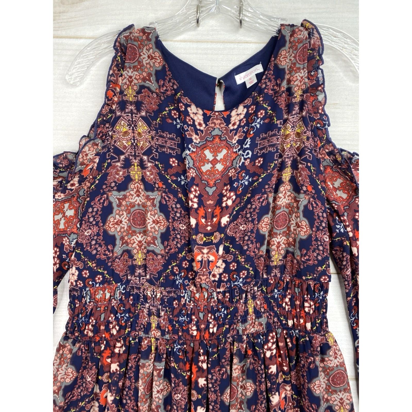 Vintage Xhilaration Dress XL Blue Floral Cold Shoulder Chiffon Lined Smocked Waist Boho Dress Size XL / US 12-14 / IT 48-50 - 2 Thumbnail