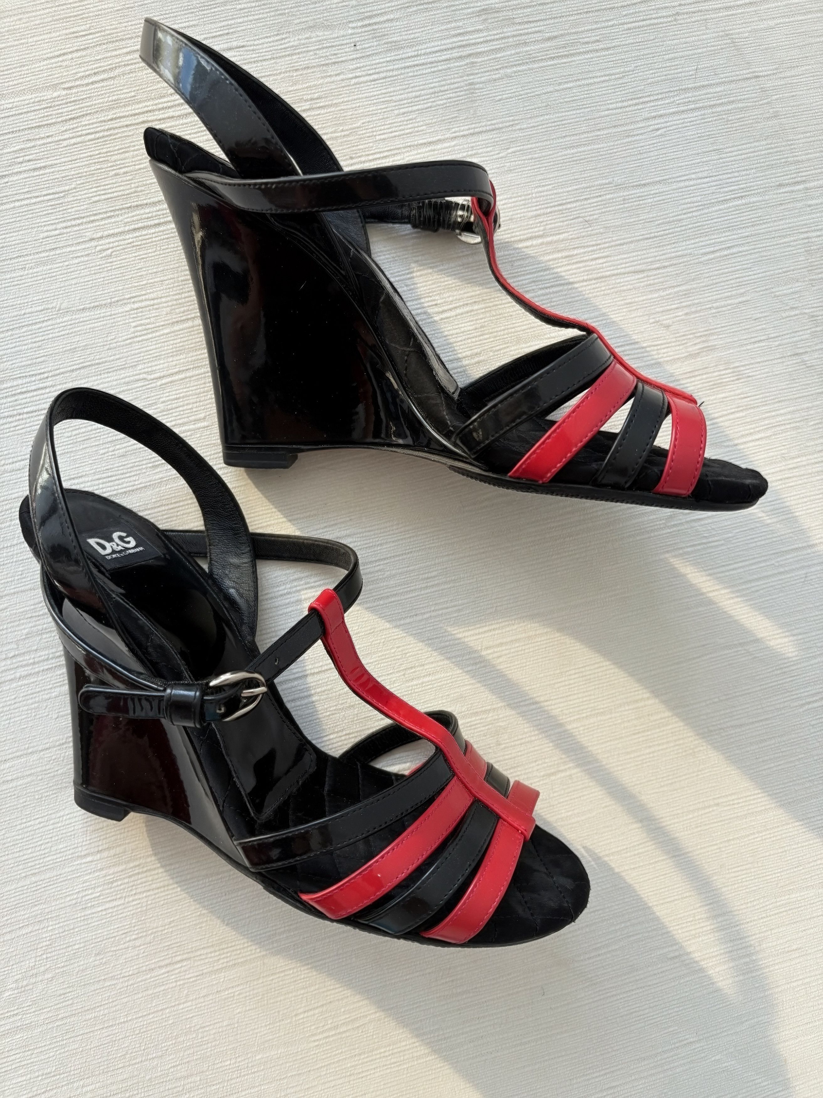 Dolce & Gabbana D&G Dolce & Gabbana Red Black Patent Leather Wedge Sandals Size US 7.5 / IT 37.5 - 3 Thumbnail