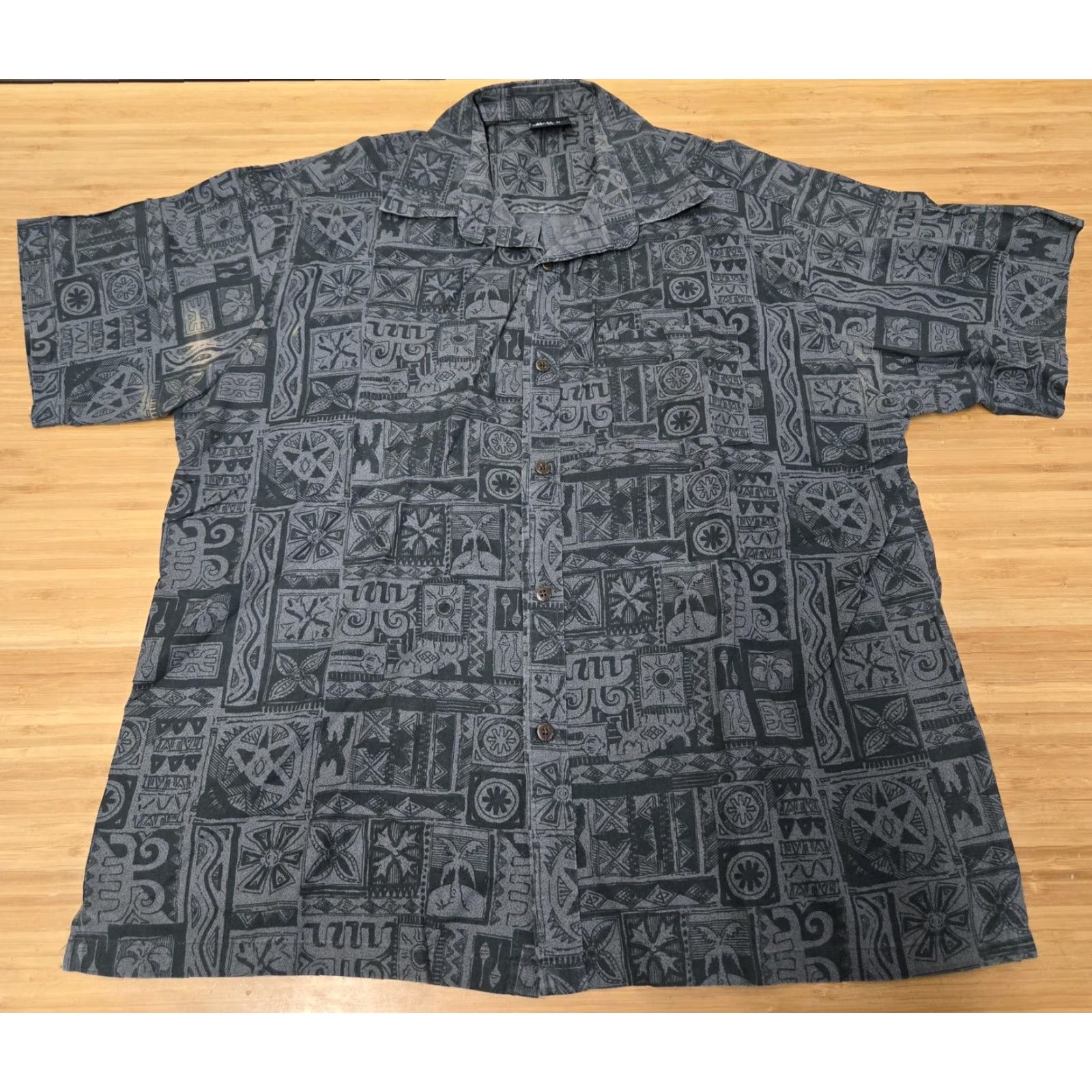 ALOHAS Kai-Veikau Fiji Shirt Mens XL Gray Hawaiian Aloha Tribal Tapa Print Button Up Size US XL / EU 56 / 4 - 2 Thumbnail