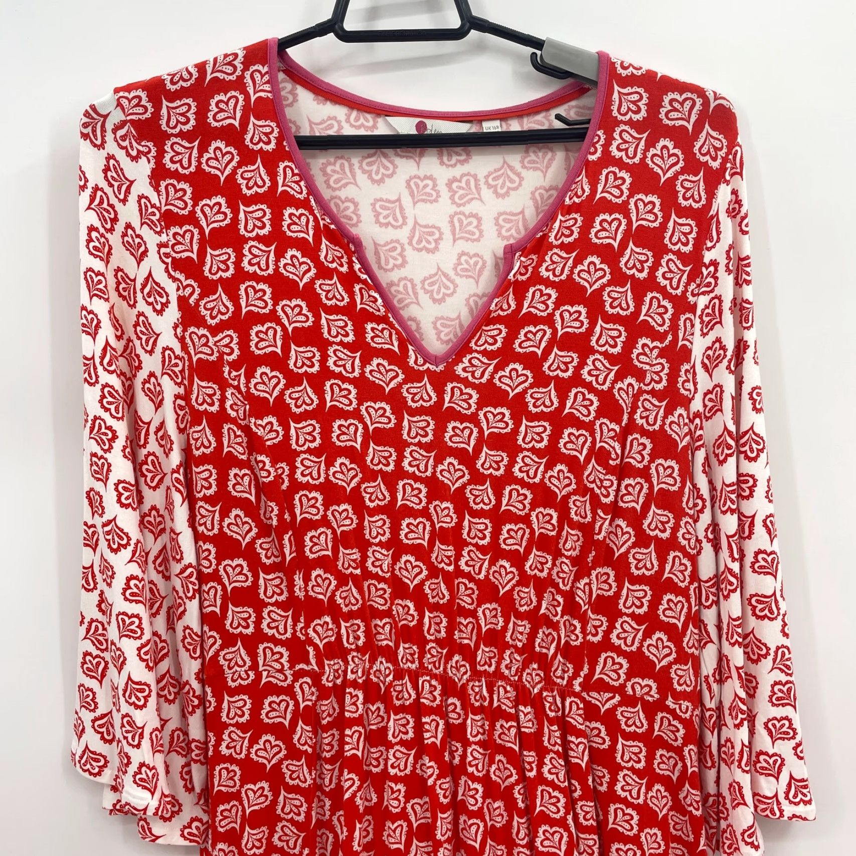 BODEN Bella Jersey Midi Dress Womens Size 12 Bell Sleeve V-Neck Red Stretch  Casual 3/