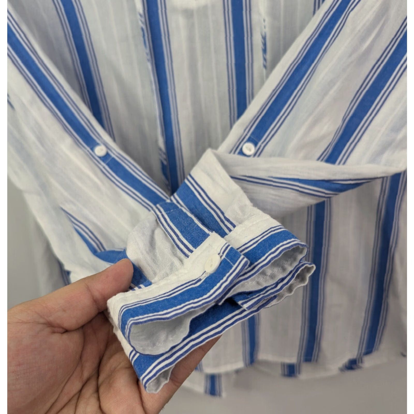 NYDJ NYDJ White Blue Vertical Stripe V-neck Tie Neck Blouse Roll-Up Sleeve Size M Womens Shirt Blouse 100% Cotton Blue Stripe Size M / US 6-8 / IT 42-44 - 2 Thumbnail
