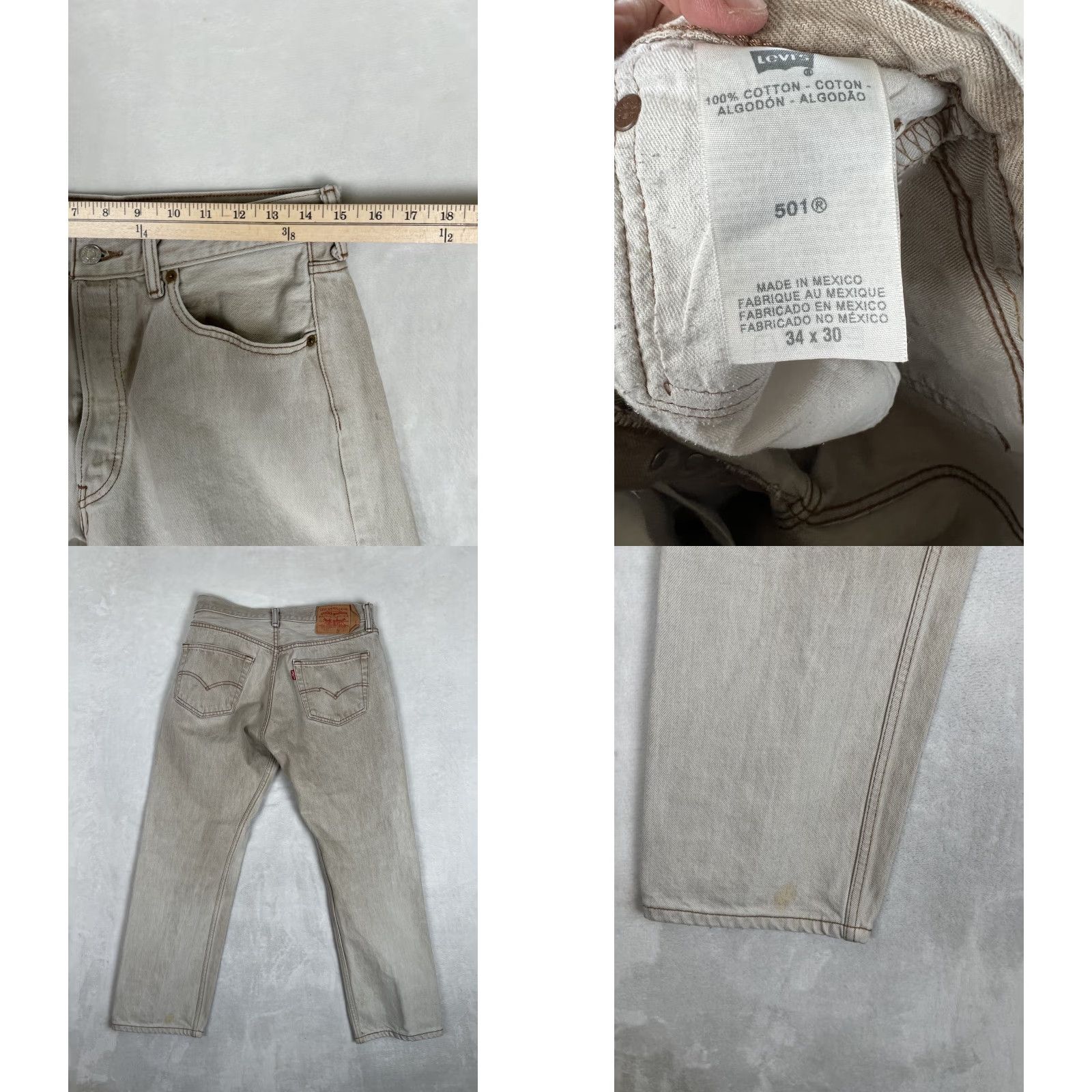 Levi's VINTAGE Levi’s 501 Jeans Denim Brown Beige 30x27 Mens Regular 5-Pocket Distressed Stained Medium Wash USA Mexico 90s Grunge Pattern Vintage Size US 30 / EU 46 - 8 Thumbnail