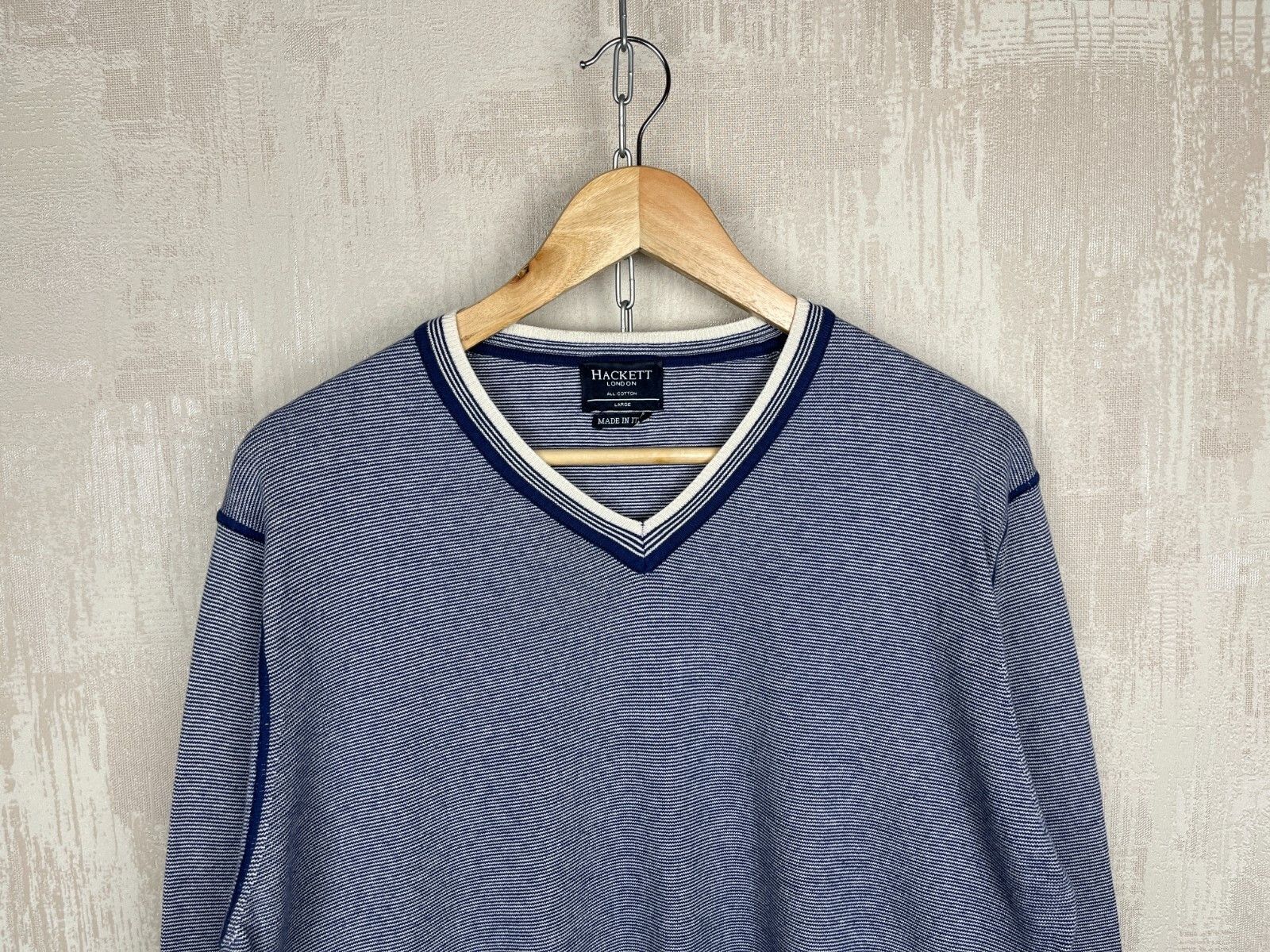 Hackett Hackett London V-neck Striped All Cotton Sweater Size US L / EU 52-54 / 3 - 3 Thumbnail