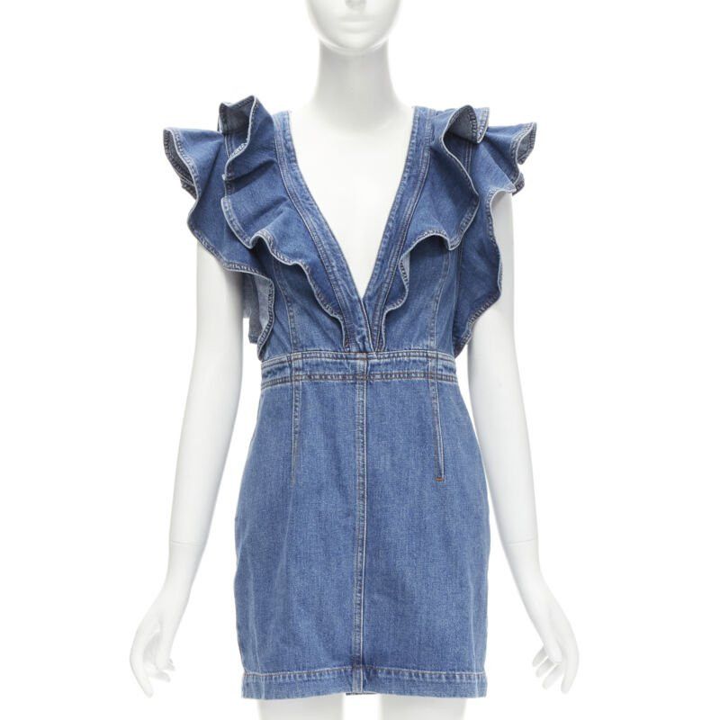 Philosophy di Lorenzo Serafini PHILOSOPHY DI LORENZO SERAFINI blue denim ruffled plunge neck dress IT38 XS Size XS / US 0-2 / IT 36-38 - 1 Thumbnail