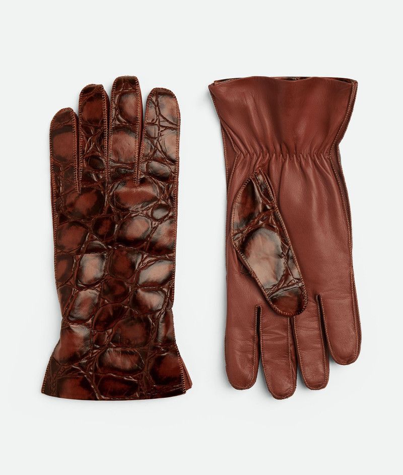 Bottega Veneta o1s1rm0326 Size: 8 / Crocodile-Effect Leather Gloves Brown Size ONE SIZE - 1 Preview