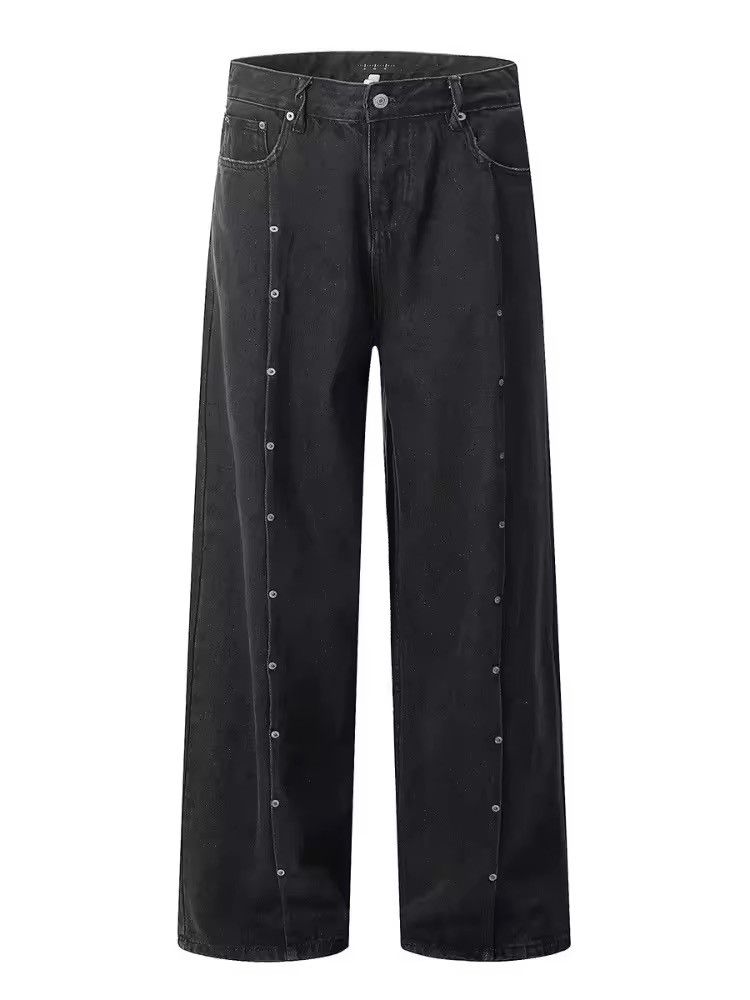 Japanese Brand Y2K Rivet Pleated Black Baggy Jean Size US 33 - 5 Thumbnail