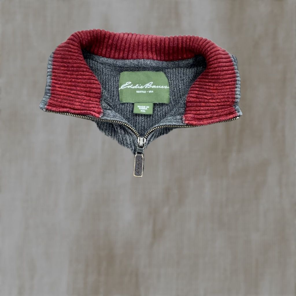 Eddie Bauer Eddie Bauer Sweater Mens XXL 2XL Gray Red Heavy Knit Pullover Quarter Zip Casual Adult Size US XXL / EU 58 / 5 - 1 Thumbnail