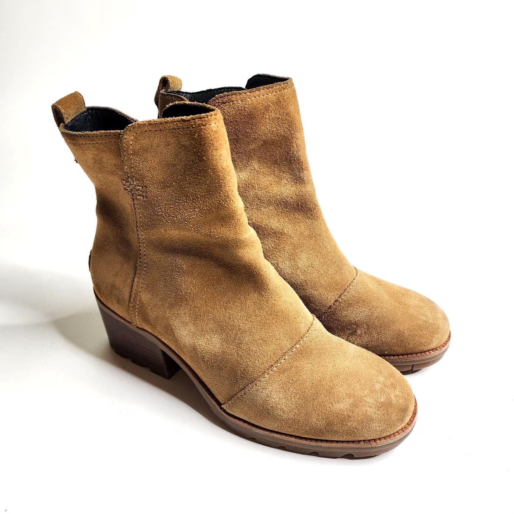 SOREL VINTAGE? No. Sorel Cate Waterproof Suede Block Heel Bootie Side Zip Camel Brown 7 Womens Ankle Boots Folded for 5.5" Shaft Height? Size US 7 / IT 37 - 2 Thumbnail