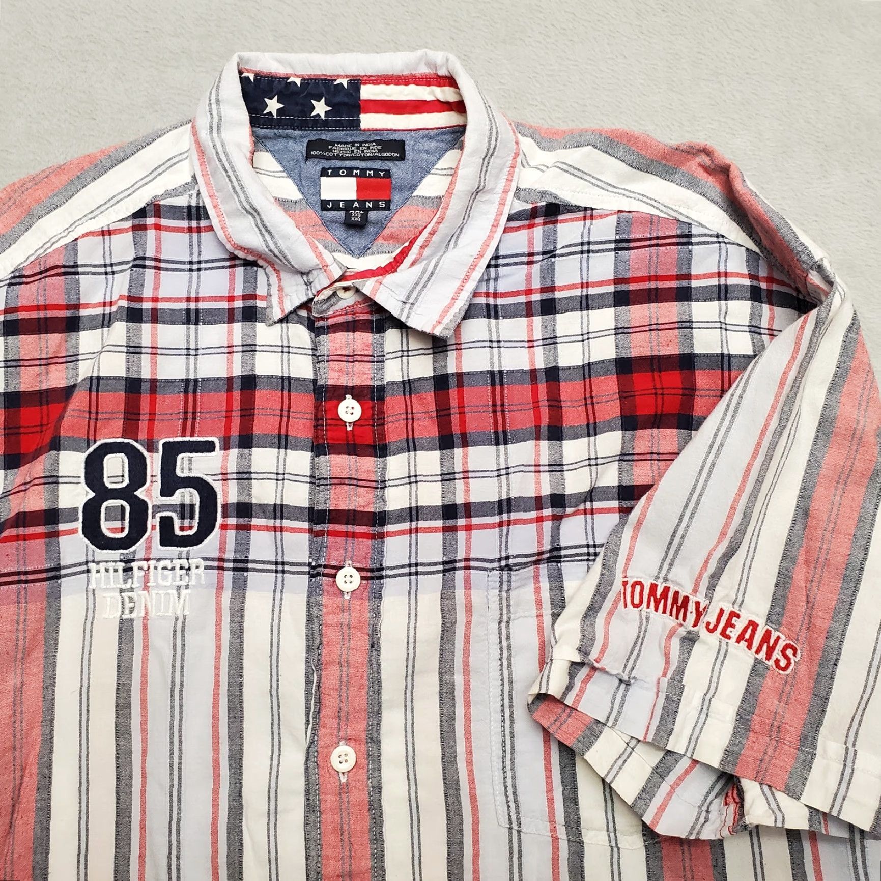 Tommy Hilfiger VINTAGE Tommy Hilfiger Shirt Mens 2XL Striped Cotton Button-Up Short Sleeve Blue Red Chest Pockets Mens Size US XXL / EU 58 / 5 - 4 Thumbnail