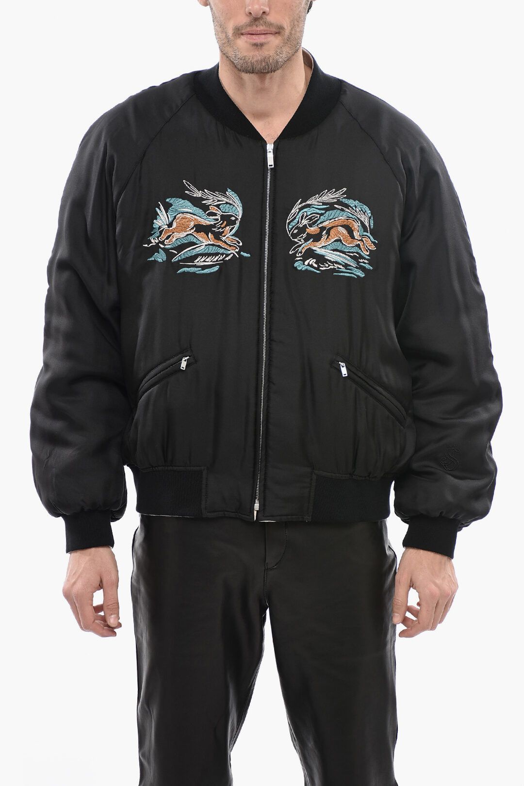 image of Jil Sander Og1Mm0424 Embroidered Silk Rabbit Padded Bomber Jacket Black, Men's (Size Small)