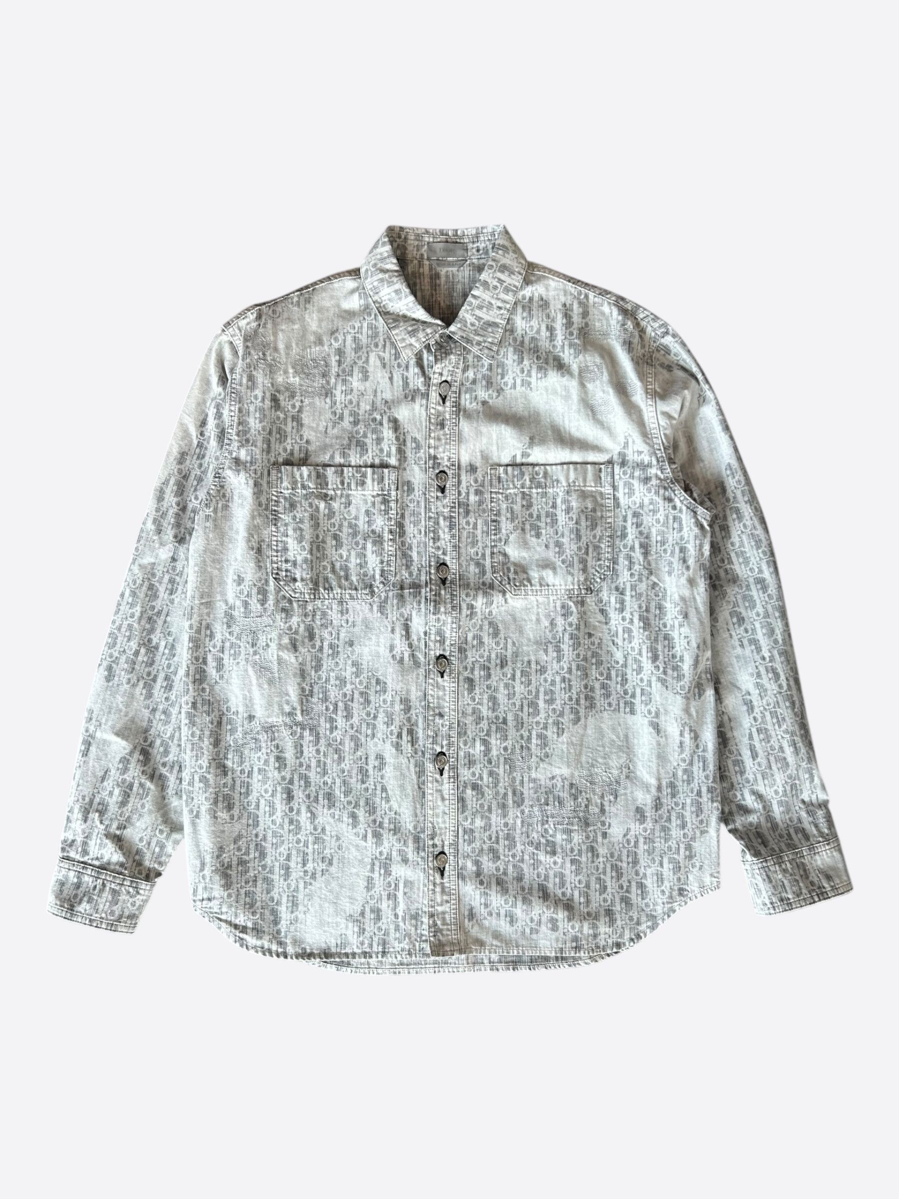 Dior Grey Oblique Distressed Button Up Shirt