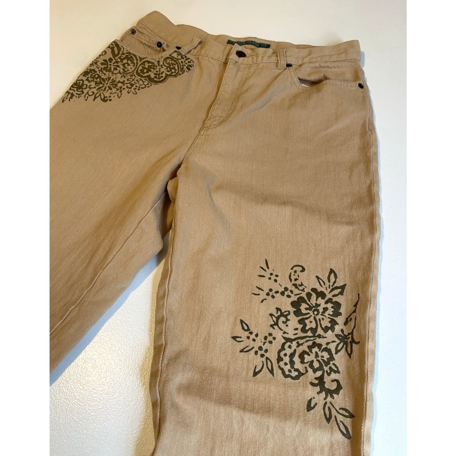 Ralph Lauren VINTAGE Lauren Ralph Lauren Women's Floral Stencil Flared Jeans Sz 8 Tan 90s Boho Jeans Size 30" / US 8 / IT 44 - 3 Thumbnail