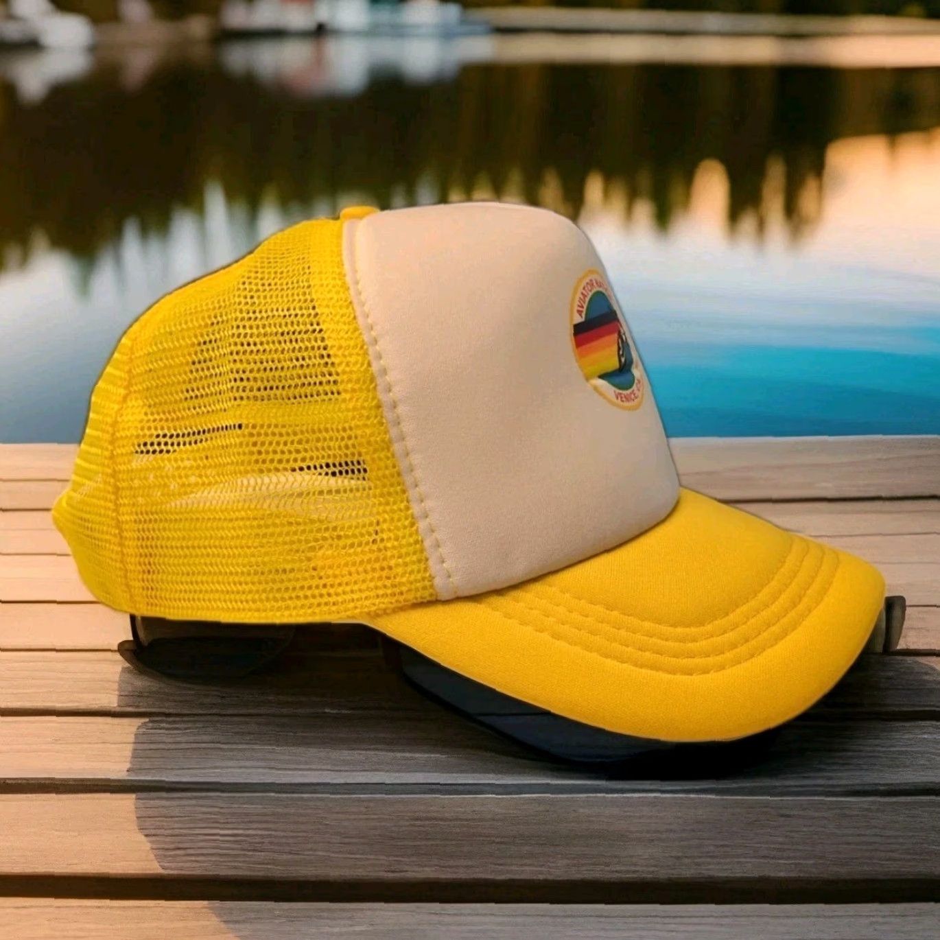 Vintage Venice Beach Surf Aviator Hat Yellow Adjustable One Size Fits Unisex Adults Baseball Cap Ocean Beach Pattern Geometric Summer Winter Poster? Size ONE SIZE - 4 Thumbnail