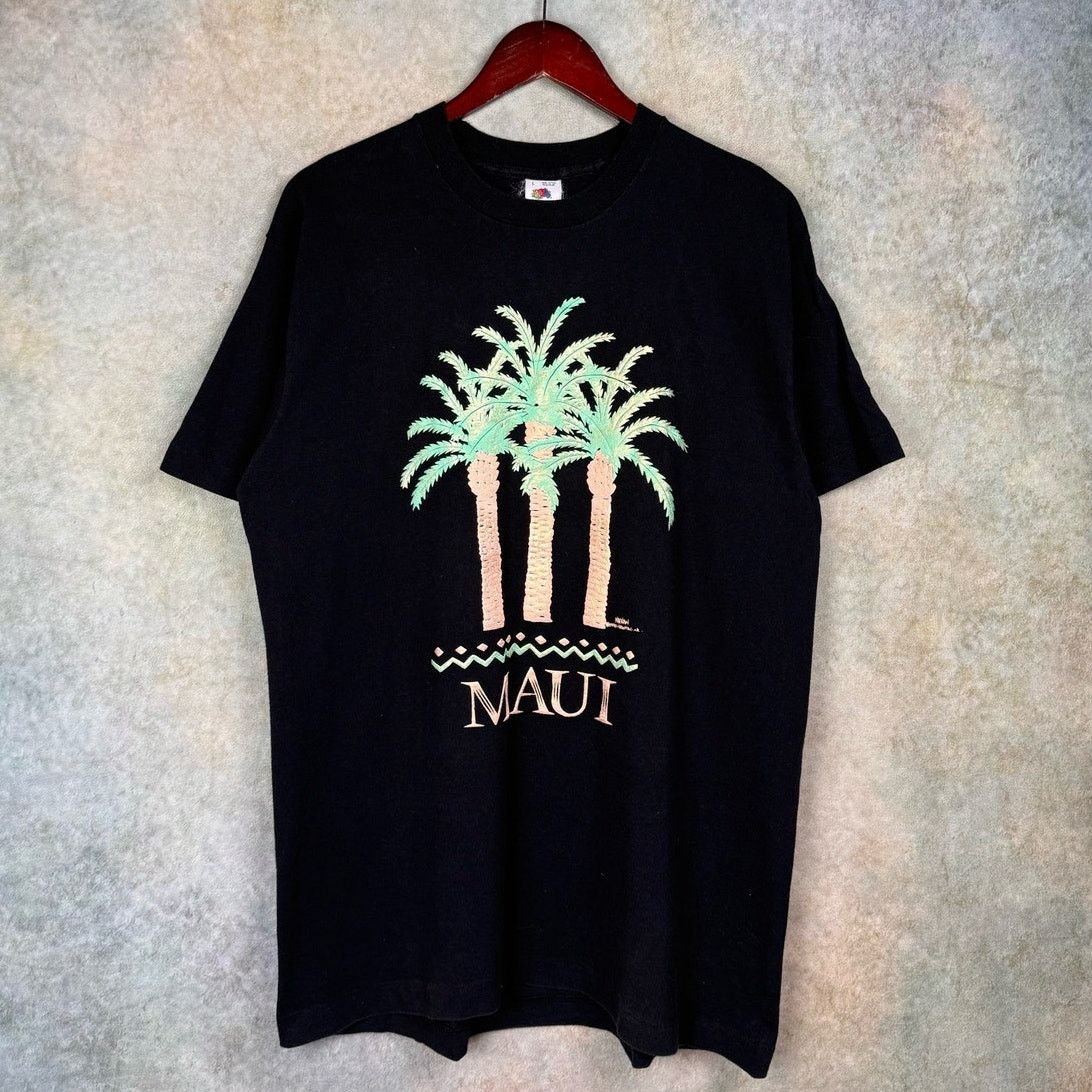 Fruit Of The Loom × Vintage VTG 90s Maui Hawaii T Shirt Sz L Black Palm Tree Puff Print Size US L / EU 52-54 / 3 - 1 Thumbnail