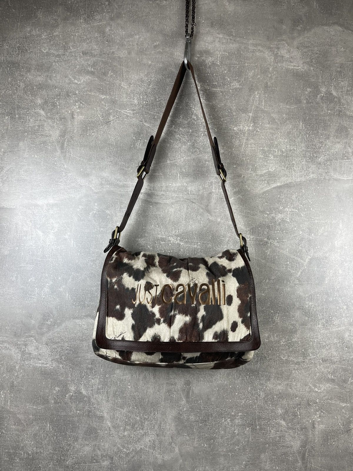 Just Cavalli Shoulder Bag Cow Print Cotton Leather Trim Y2K in Beige, Women's