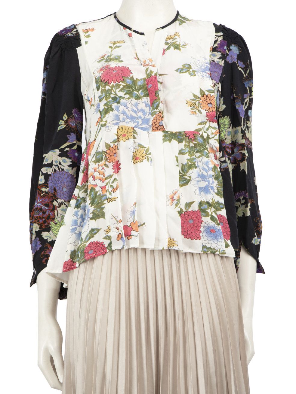 Silk Floral Print Pleated Blouse