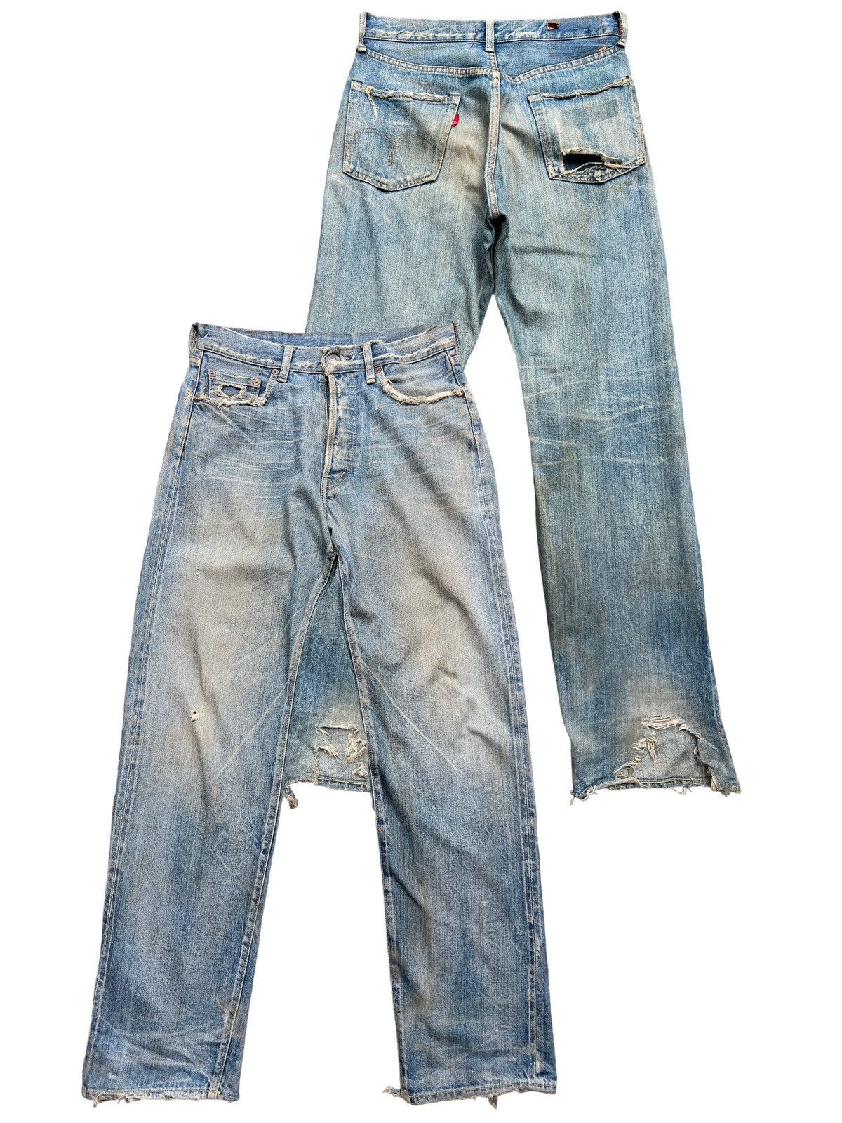 image of Distressed Denim Vintage Bartack Faded Honeycomb Selvedge Redline Jeans 30X32 in Yellow/Blue/Rust