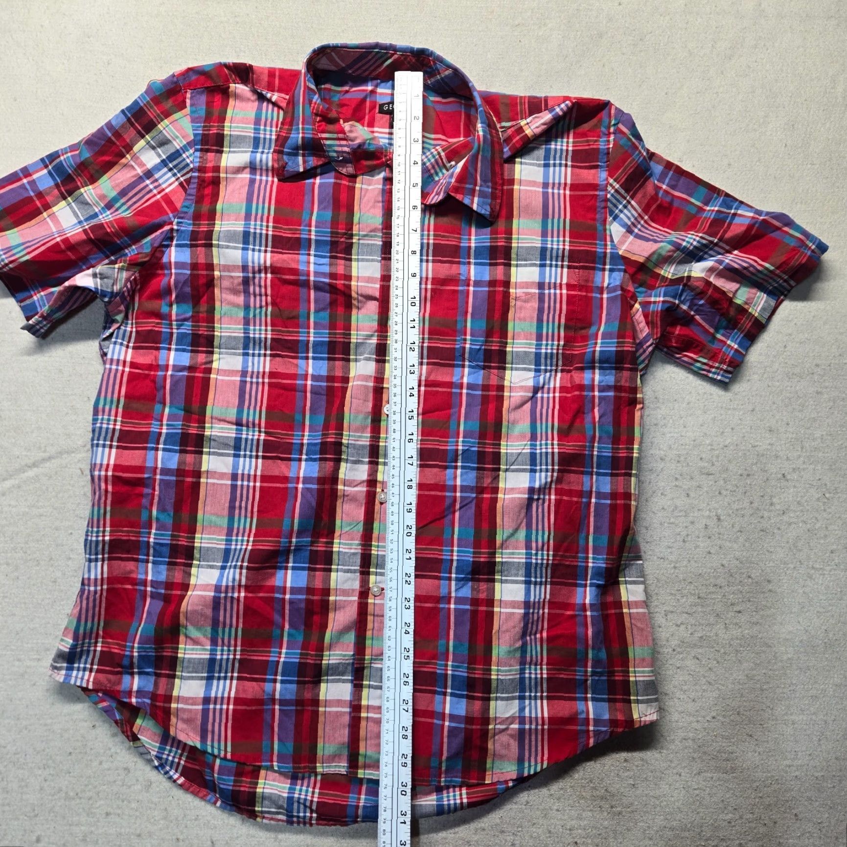 George GEORGE Shirt Men XL Plaid Red White Blue Casual Button-Up Short Sleeve Multicolor Cotton Rayon Flannel Size US XL / EU 56 / 4 - 6 Thumbnail