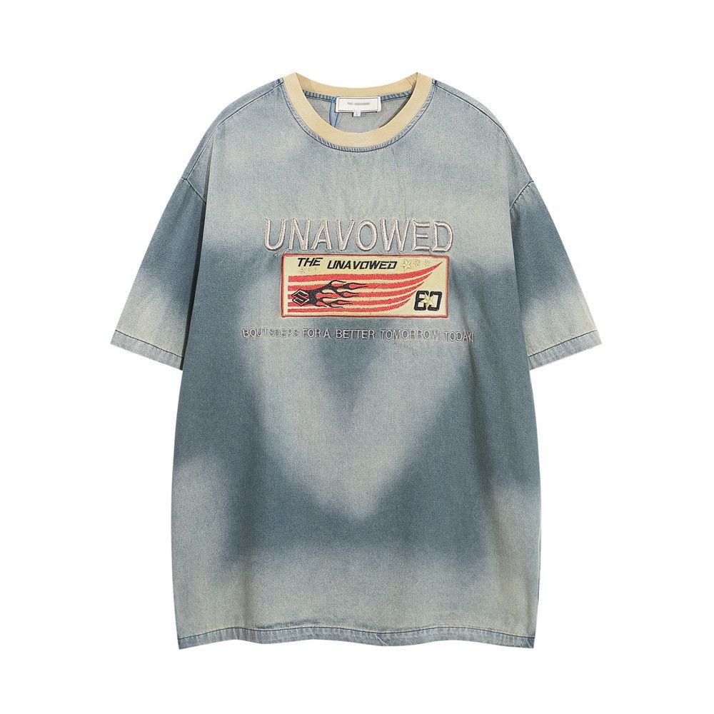 Japanese Brand × Vintage Letter Embroidered Denim Crew Neck Vintage T-Shirt Size US L / EU 52-54 / 3 - 1 Thumbnail