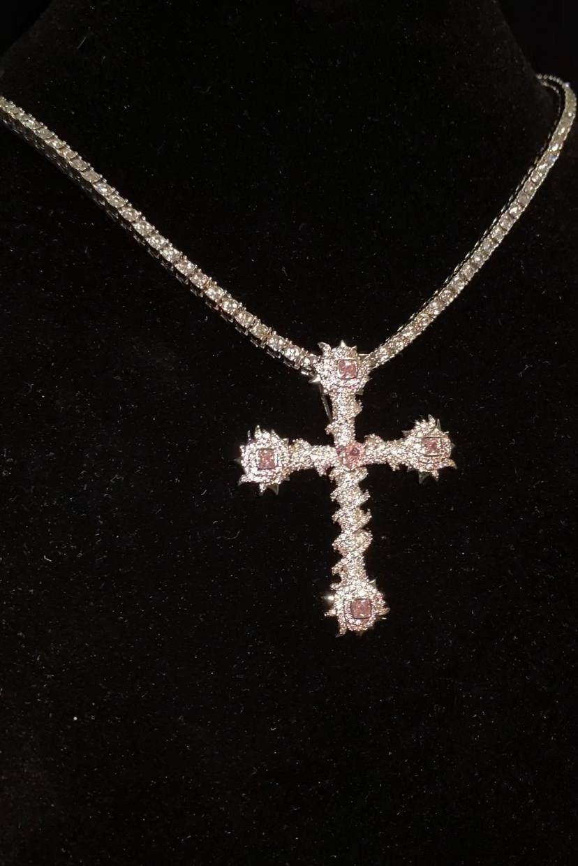 Other Chain | Pendant Cross Tennis Chain Silver Pink 3mm 22” Size ONE SIZE - 1 Thumbnail