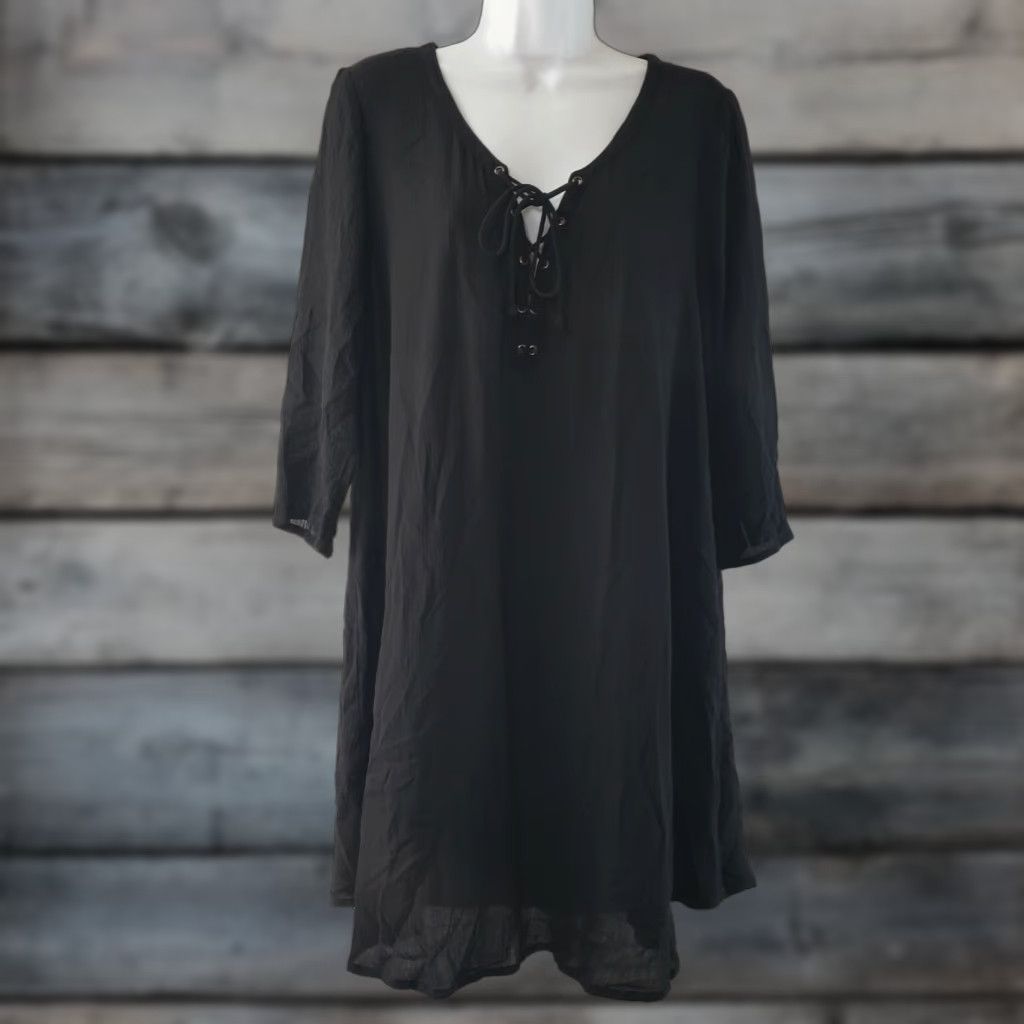 Society Amuse Dress Womens Sz Medium Solid Black 3/4 Sleeve Lace Up